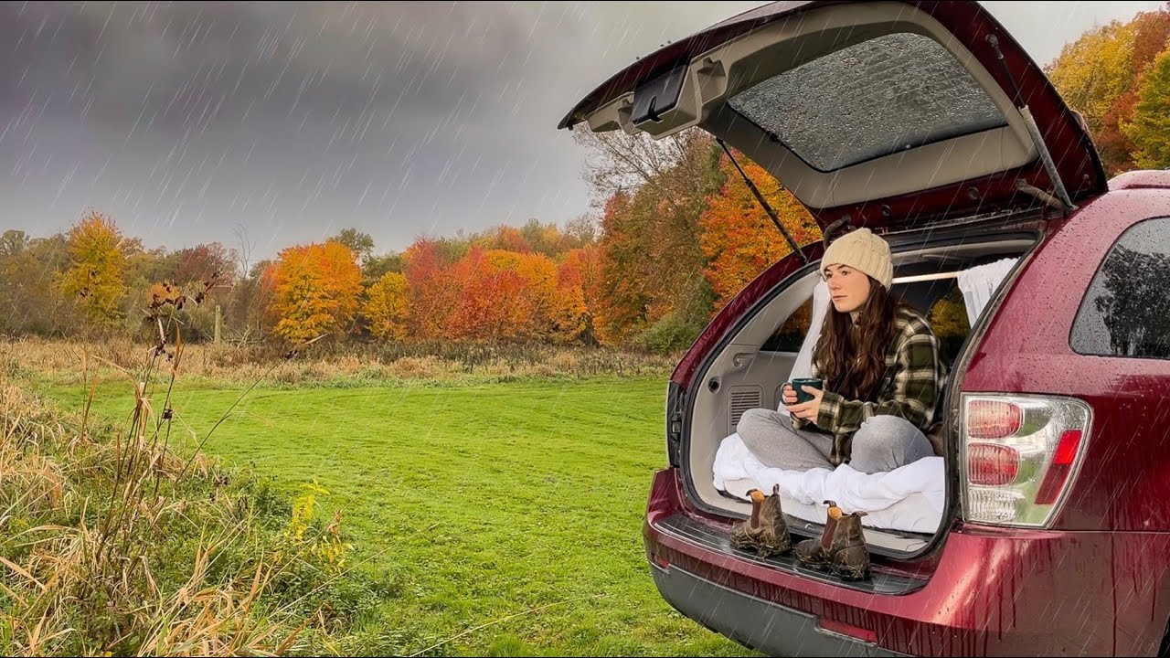 Rainy Fall Camping in my SUV | bass fishing, rain ambiance and a cozy coffee morning