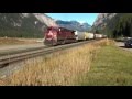 Canadian Pacific train of approx 150 grain hoppers departs Field, BC