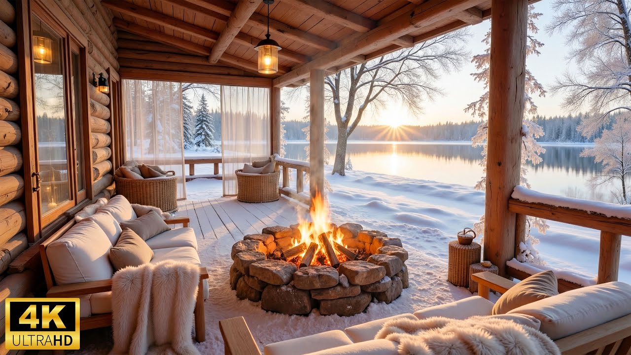 Peaceful Winter Porch by the Lake ❄ Soft Piano Music with Warm Fireplace for Calm & Focus