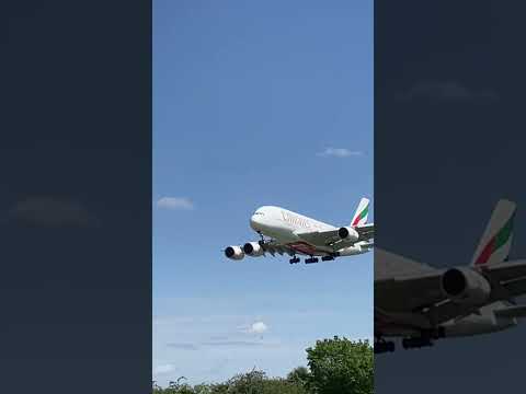 Emirates Airlines Airbus A380 coming in to land at London Heathrow Airport LHR