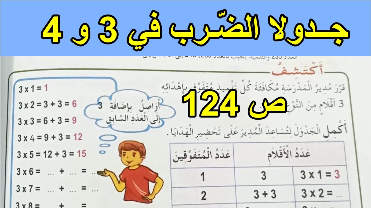 جدولا الضرب في 3 وفي 4 الصفحة 124 السنة الثانية ابتدائي