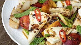 Fried Zucchini with Tomatoes and Cheese Bread. A Twist on Panzanella Salad