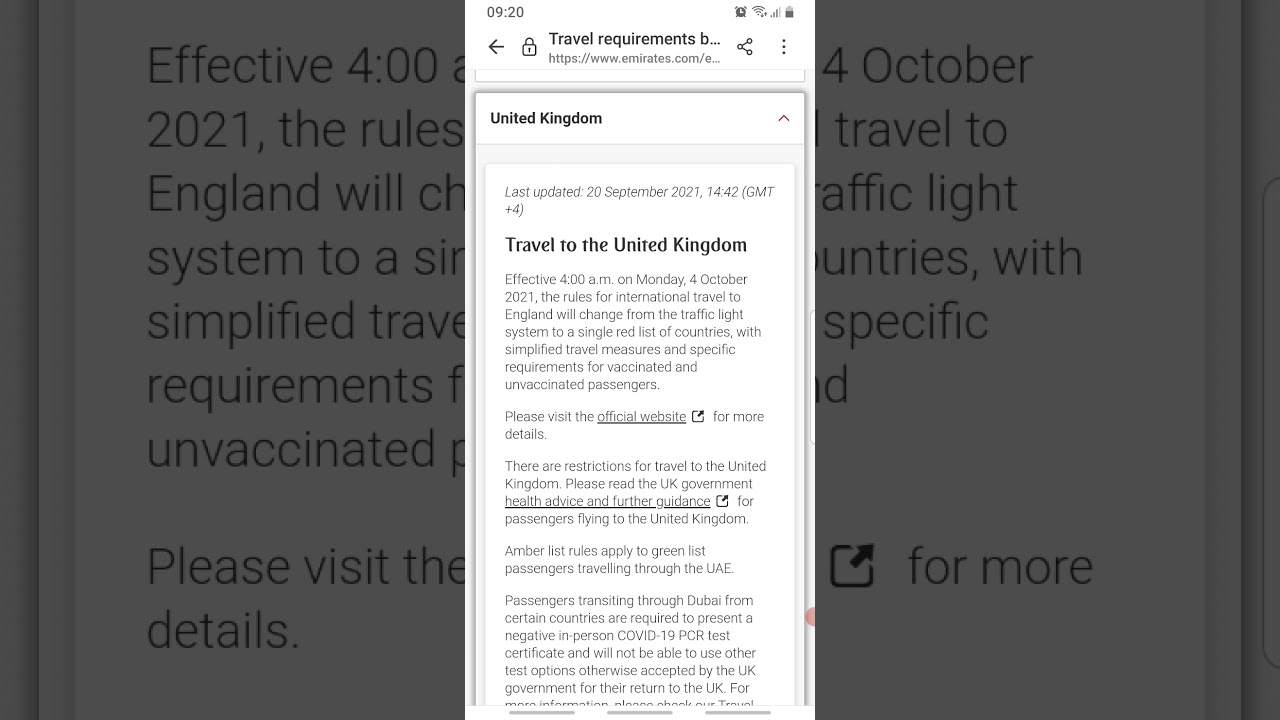Travel Requirements for Amber List Countries For UK Travellers. (22 sep 2021)