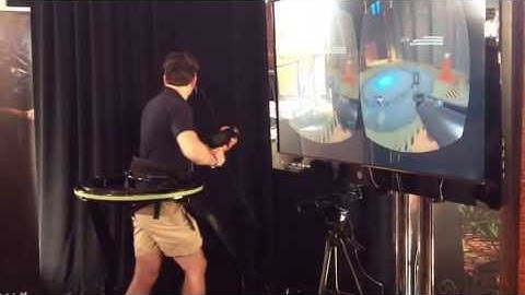 Guy using Oculus Rift and Virtuix Omni
