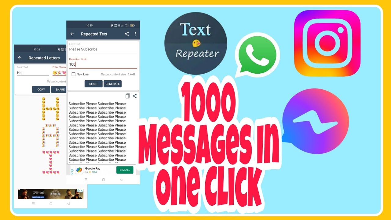 Text Repeater For WhatsApp Instagram Messenger etc | Sent 1000 Messages In One Click | Multiple Text