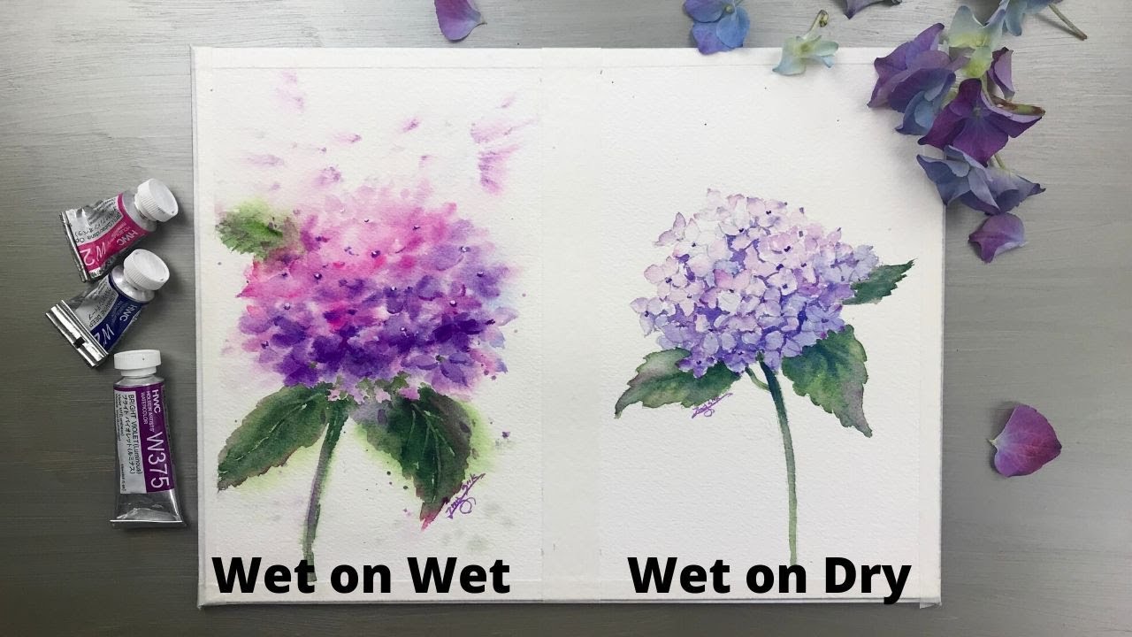 Watercolor Painting - WET ON WET vs WET ON DRY Technique-Hydrangea-  Tutorial Step by Step.