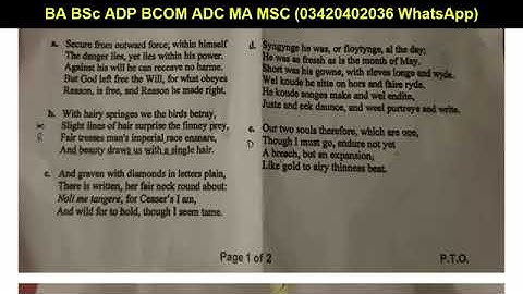 MA English part 1 classical poetry past paper for punjab university