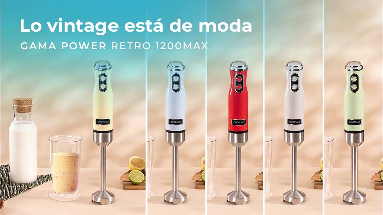 Gama de batidoras de mano Power Retro 1200Max 1200W, 4 hojas de titanio negro y velocidad ajustable.
