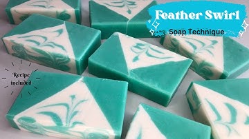 Feather swirl cold process soap scented with essential oils.  With recipe.