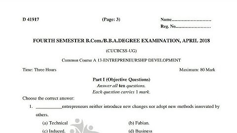 Entrepreneurship Development 4 Semester B.com/BBA Calicut University Official Question paper 2018