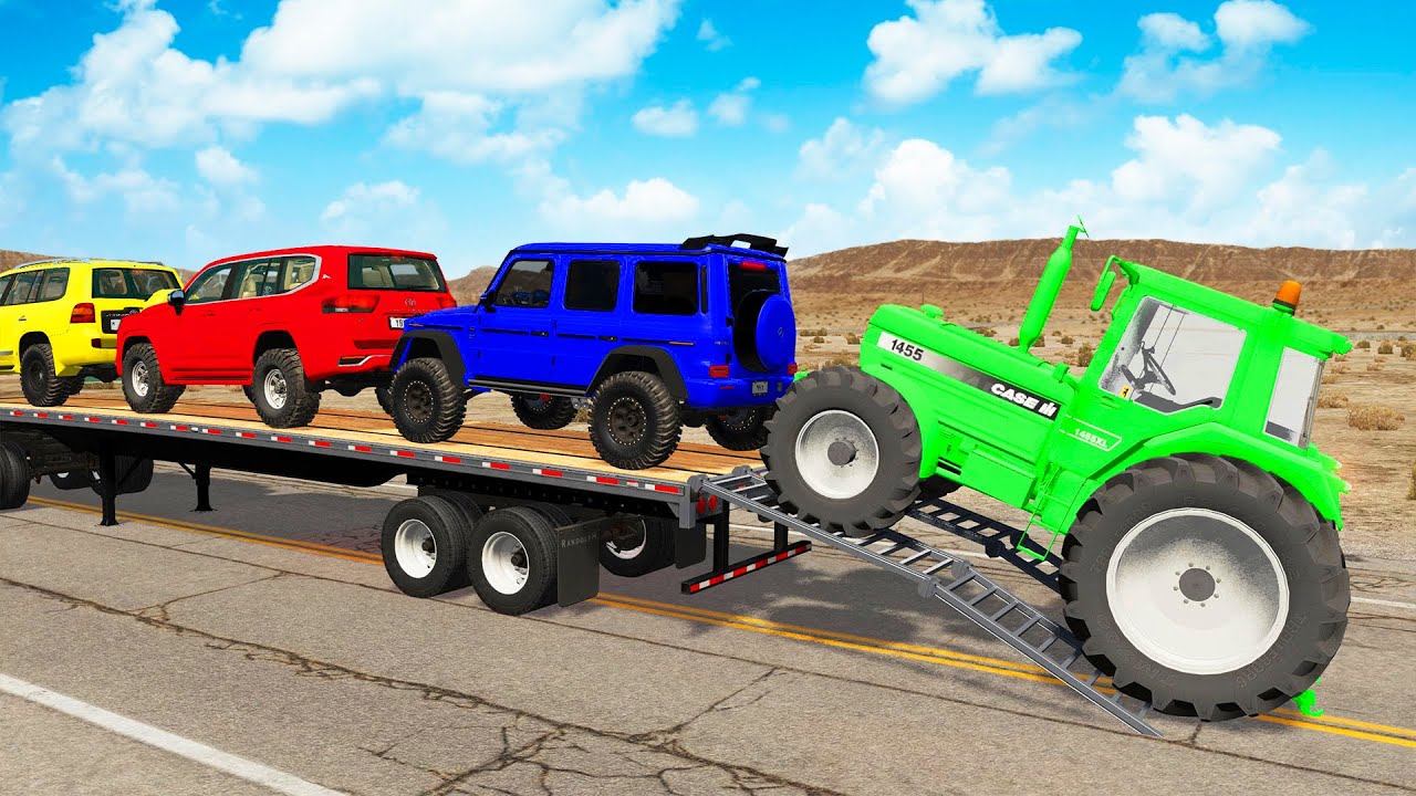 TRANSPORTING PIXAR CARS & FRUITS WITH COLORED & JOHN DEERE vs CLAAS vs TRACTORS - BeamNG.drive #983