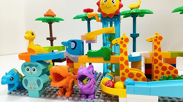 Satisfying Marble Run ASMR: Building Blocks with Giraffes and Dinosaur Course