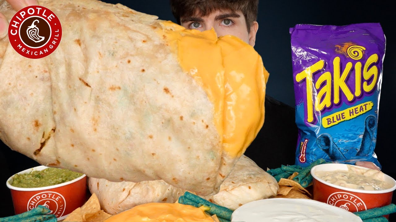 ASMR MUKBANG CHIPOTLE GIANT BURRITOS CHIPS + TAKIS | WITH CHEESE & GUAC