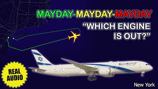 MAYDAY, Engine FAILURE, emergency landing. EL AL Boeing 787-9 diverts to Kennedy Airport. Real ATC