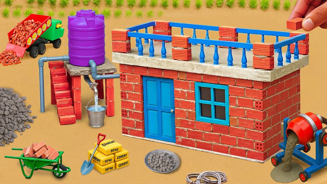 DIY Tractor Science Project Builds a Mini Brick and Cement House with Modern Water System