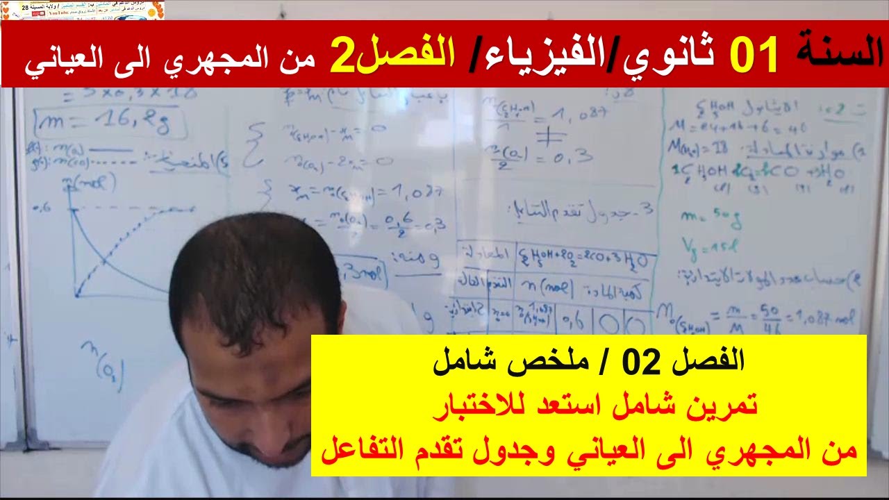 السنة 01 ثانوي الفيزياء تمرين شامل استعد للاختبار الفصل 2 من المجهري الى العياني وجدول تقدم التفاعل
