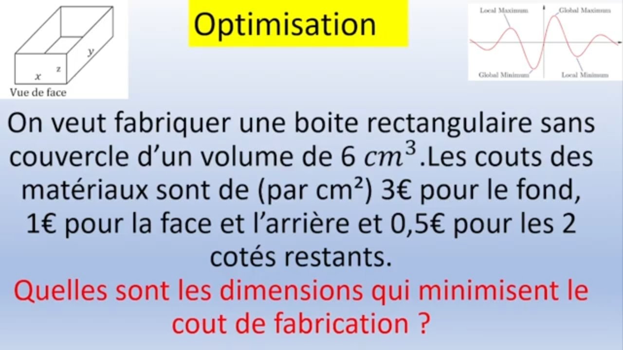 Optimisation appliquée, minimisation des couts, trouver les dimensions ...