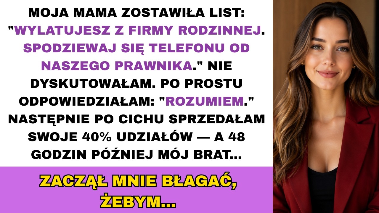 Nie zaprosili mnie na spotkanie. Nie wspomnieli o mnie w historii firmy. A potem przyszedł list: „Jesteś poza biznesem”. Myśleli, że odejdę cicho. Nie wiedzieli, że przez lata przygotowywałam...
