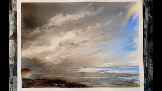 How To Paint A Simple Watercolour Stormy Seascape 2, Loose Hake Watercolor Painting Tutorial Demo