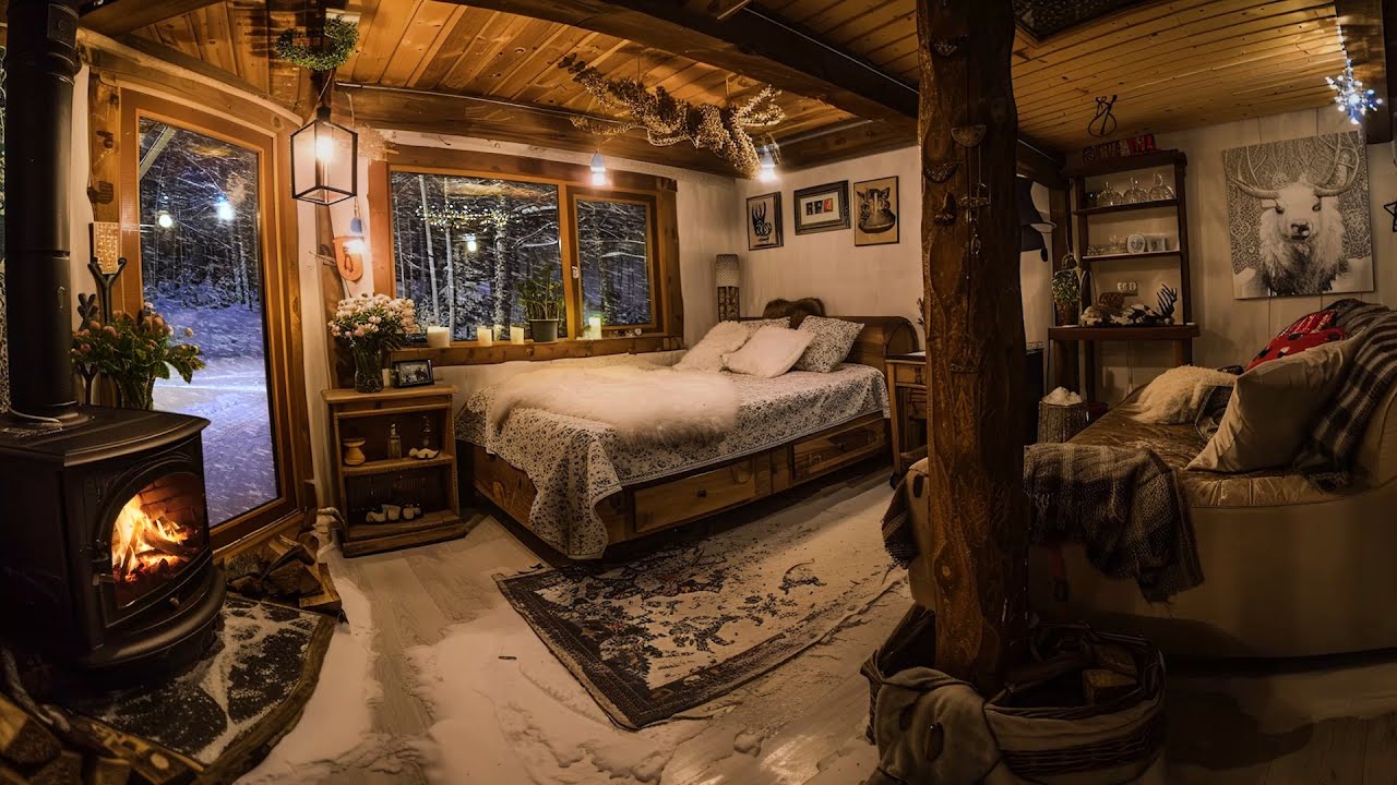 Snowstorm Night Vibes | Cozy Forest Cabin, Relaxing Fireplace Burning Sound, Cure Insomnia Anxiety