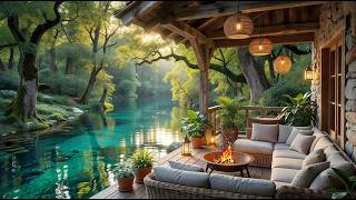 Cozy Riverside Porch Ambience | Relaxing River Sounds & Warm Fire Retreat
