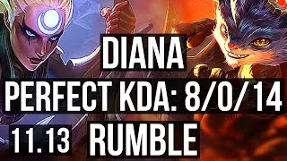 DIANA vs RUMBLE (JUNGLE) | 8/0/14, Rank 3 Diana, Legendary, Rank 29 | NA Challenger | v11.13