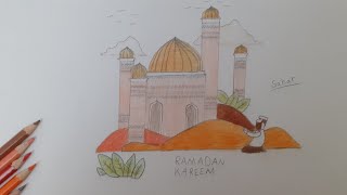 رسم سهل/ رسم مسجد/ رمضان كريم/خطوة بخطوة للمبتدئين مع التلوين.