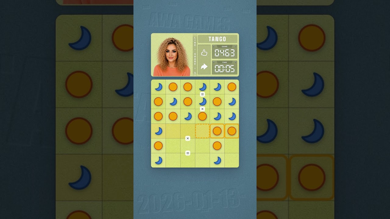 LinkedIn Tango #463 solved board for January 13, 2026, 6x6 grid