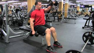 Sit straight up on the bench, feet shoulder distance apart floor and
your arms to side grasping dumbbells. create a slight bend in
elbows...