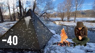 -38C EXTREME COLD WINTER CAMPING in a HOT 4 Days SOLO WINTER Camp HOT TENT ASMR