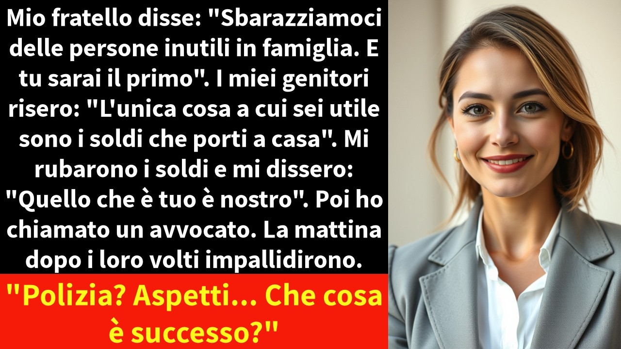 Mio fratello si sporse sul tavolo e disse: «Togliamo di mezzo gli inutili di questa famiglia, e tu saresti la prima.» Poi mio padre aggiunse: «L'unica cosa per cui vali sono i soldi che porti a...