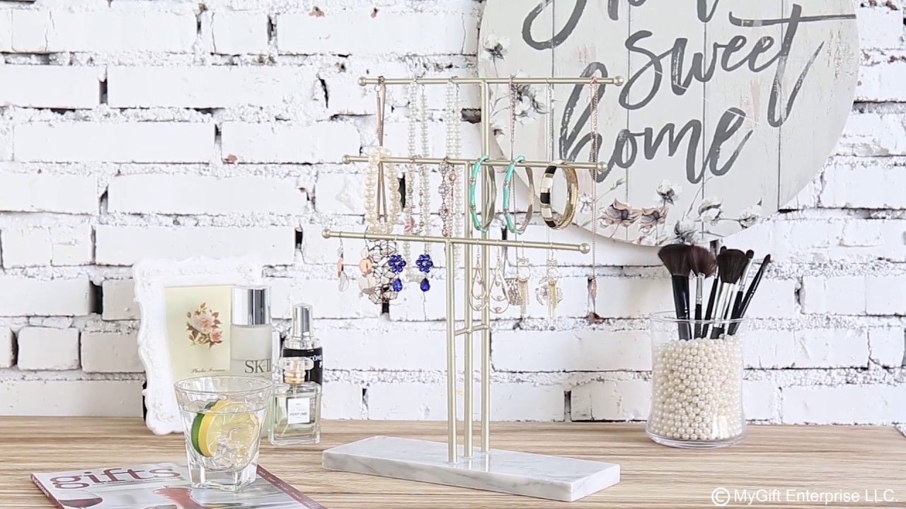 MyGift Brass-Tone Metal Necklace Bracelet Earrings Display Tree Stand with Marble Base Jewelry Tray