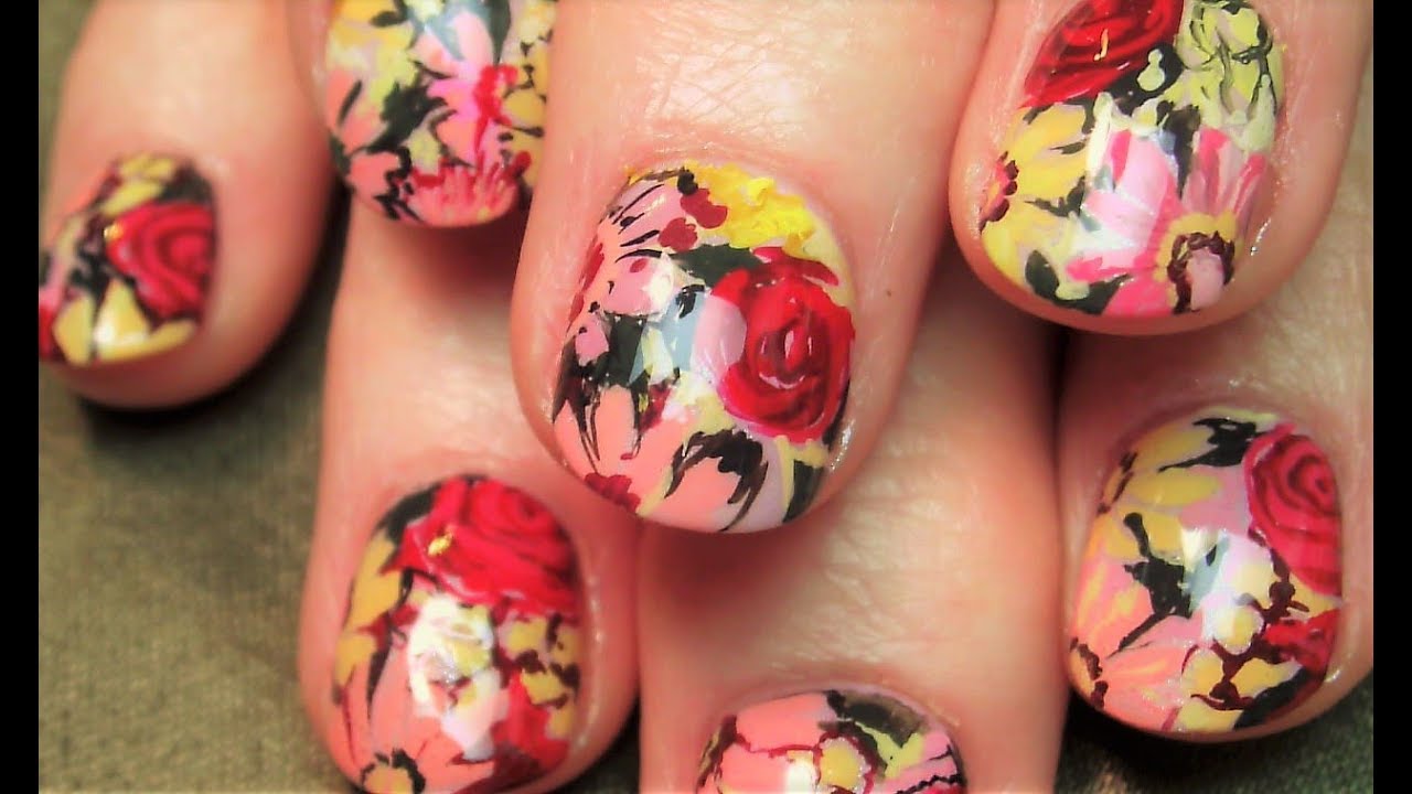 Antique Floral Nails Tutorial Flower Bouquet nail Art Design YouTube