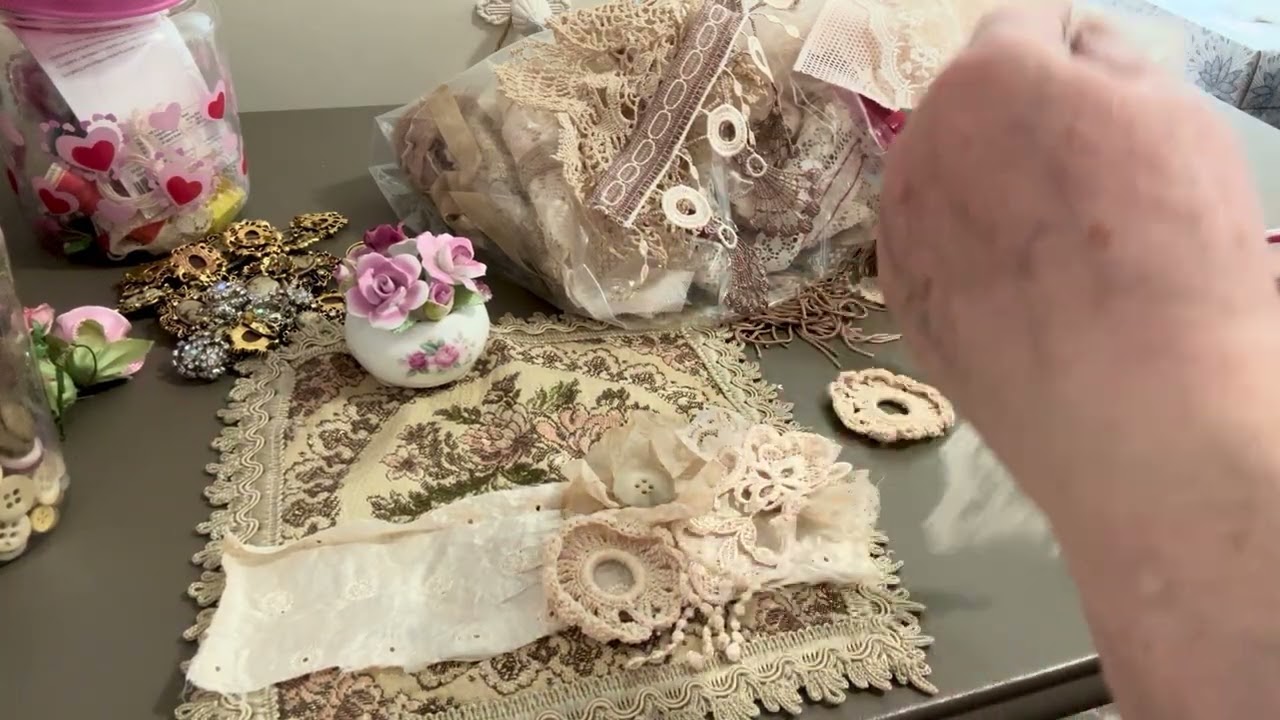 Shabby vintage snippet strip tutorial. Flowers buttons, cameo, pearls journals arts, and crafts