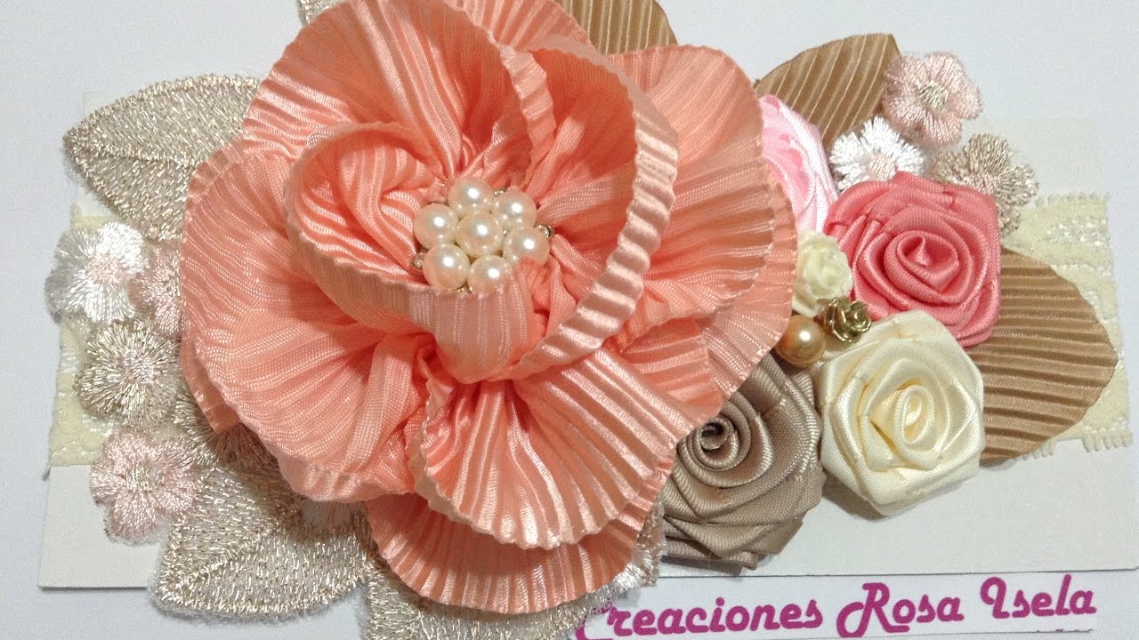 Tiara para bebe con flor  de listón plisadoVIDEO No. 437 creacionesrosaisela