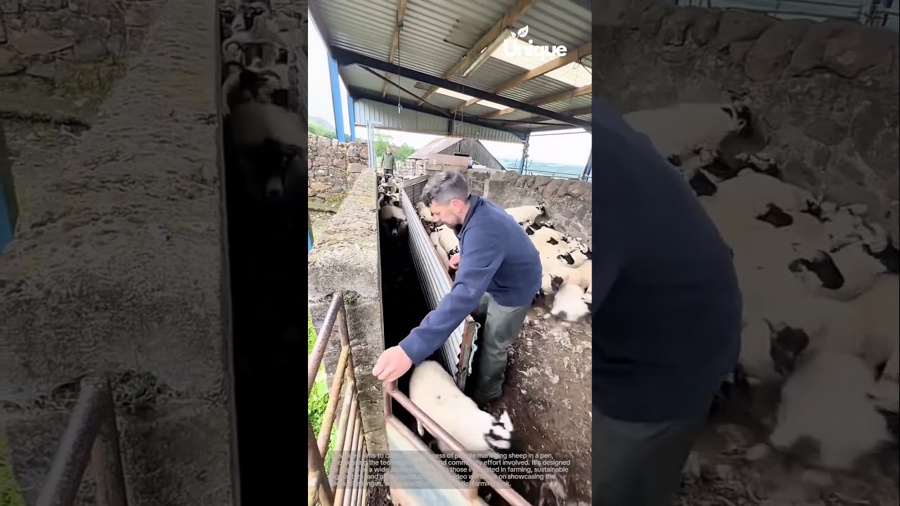 Sheep management: people managing sheep in a pen