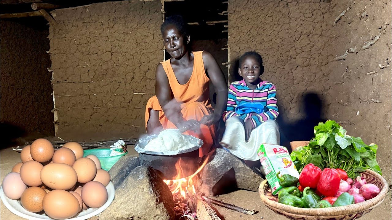 No Electricity?No Problem! African Village Mum Cooks Late Night Dinner|Eggs & Sukuma Wiki Over Fire🔥