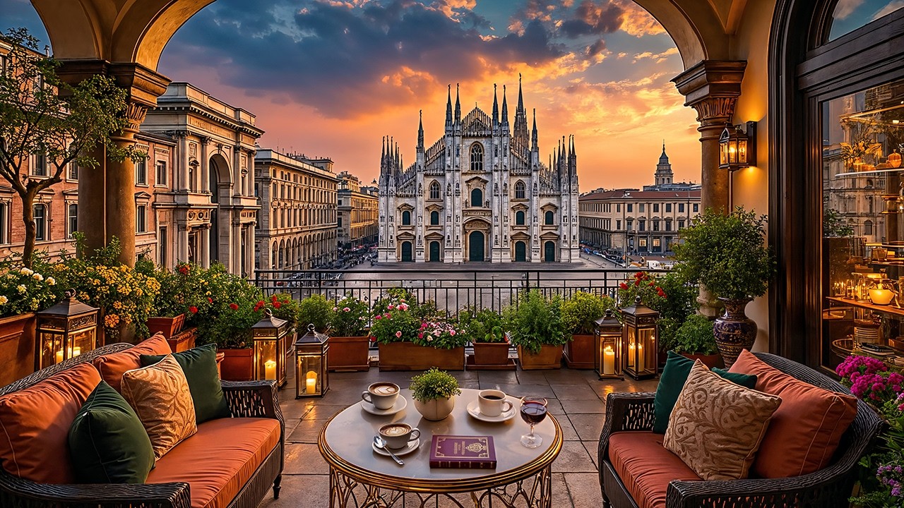 Milan Spring Sunset Jazz ☕ Duomo Balcony Café Ambience & Smooth Jazz Instrumental for Focus & Work