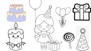 Cake Drawing, Girl Drawing , Gift Drawing , Balloon Drawing , Candle Drawing , Candy , Lolly Pop