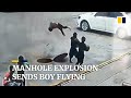 Boy throws firecracker into manhole, causing explosion that sends him flying