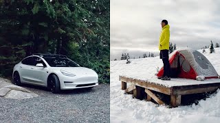 Tesla Camping | Alone On Mountain In The Cold | Elfin Lakes, BC