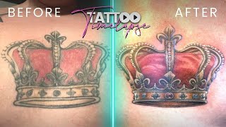 POLISHING THE ROYAL CROWN TATTOO⚡Tattoo Glowup Time Lapse by Tattoo Artist Electric Linda