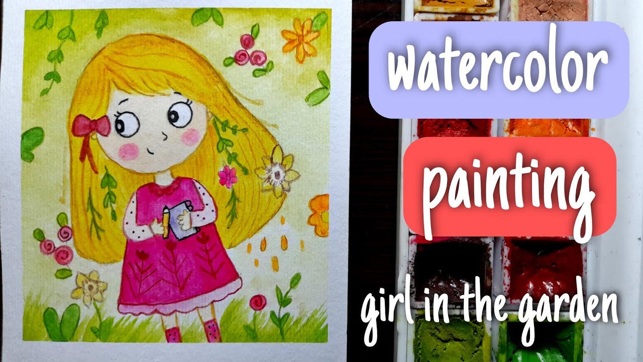 Watercolor painting of a girl in the garden step by step - YouTube