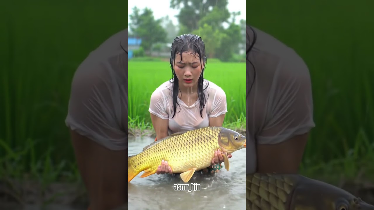 Catching a Giant Carp in the Rain   AI Village Life Scene
