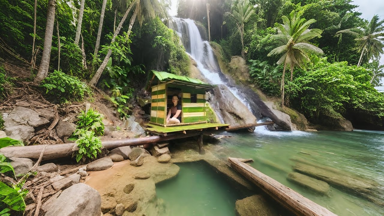 Building a Jungle Waterfall Hut | Peaceful Survival House in Nature 
