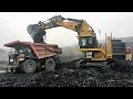 Huge Caterpillar 6020B Excavator Expert Operator Loading Coal to Cat 777 and Komatsu HD785