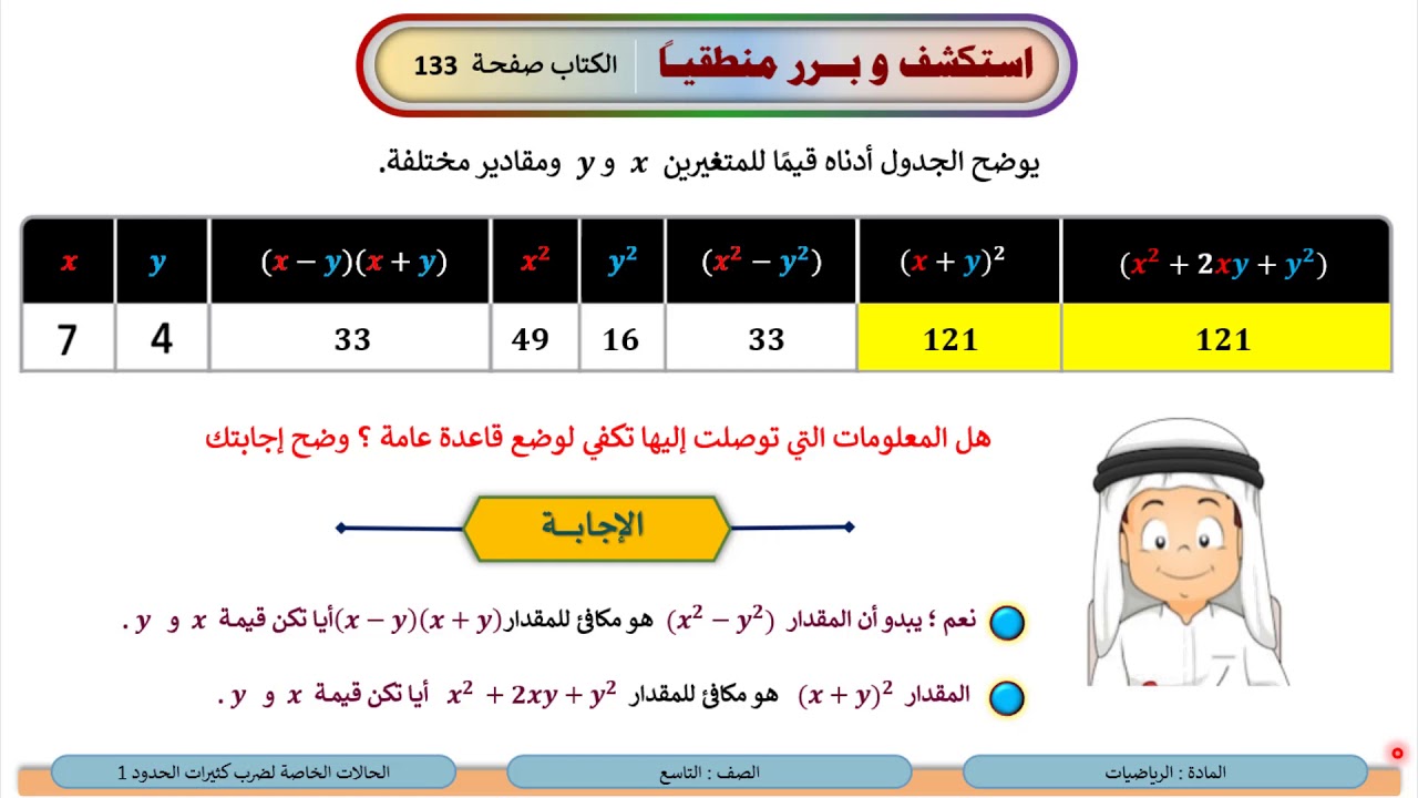 الصف التاسع   الرياضيات   الحالات الخاصة لضرب كثيرات الحدود 1