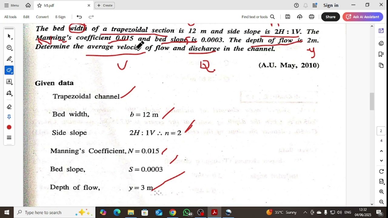CE3401 Applied Hydraulic Engineering Unit 1 Problem 5 Chezy's and Manning's formula 