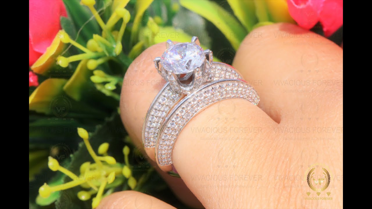 Round Cut Colorless Moissanite Engagement Ring, Round Moissanite Eternity Matching Band, Trio Set