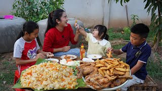 Yummy crispy chicken and sweet potato chip cooking - Mother and children cooking